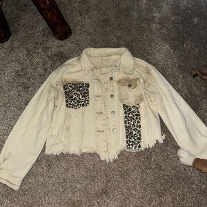 POL Cream Jean Jacket with Leopard Print